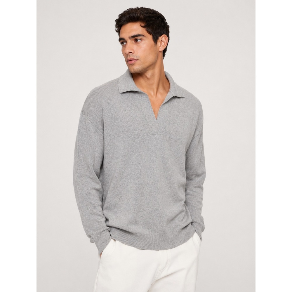 Rails Sutton Heather Grey Cotton Cashmere Johnny Collar Polo Sweater L